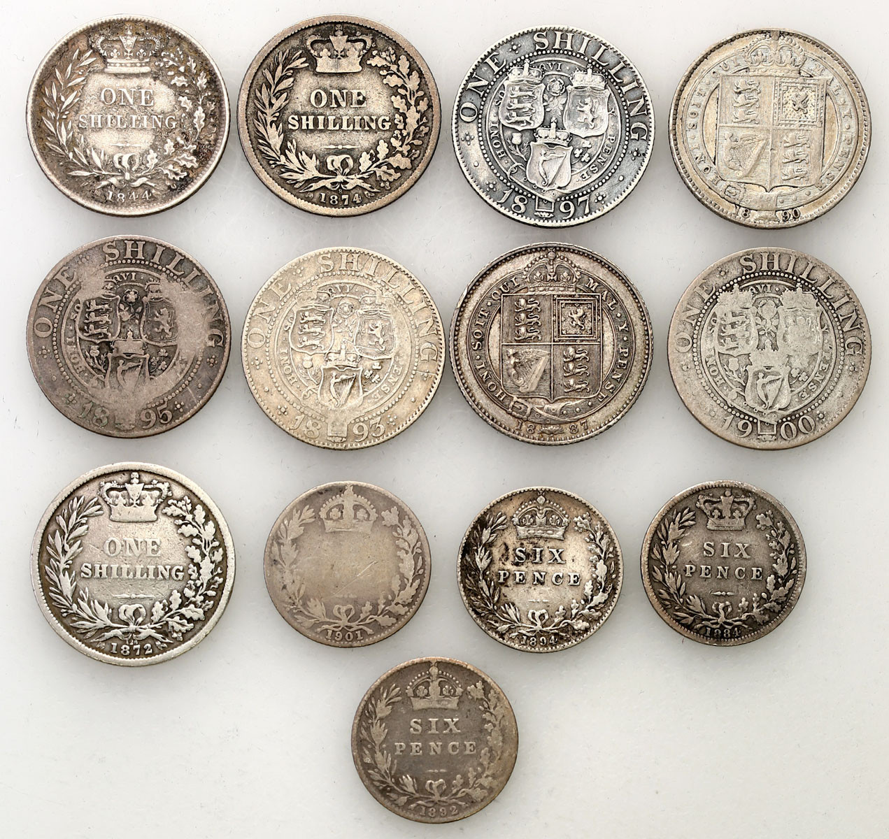 Wielka Brytania. Wiktoria (1837-1901). 6 pence, shilling 1844-1901, zestaw 13 monet